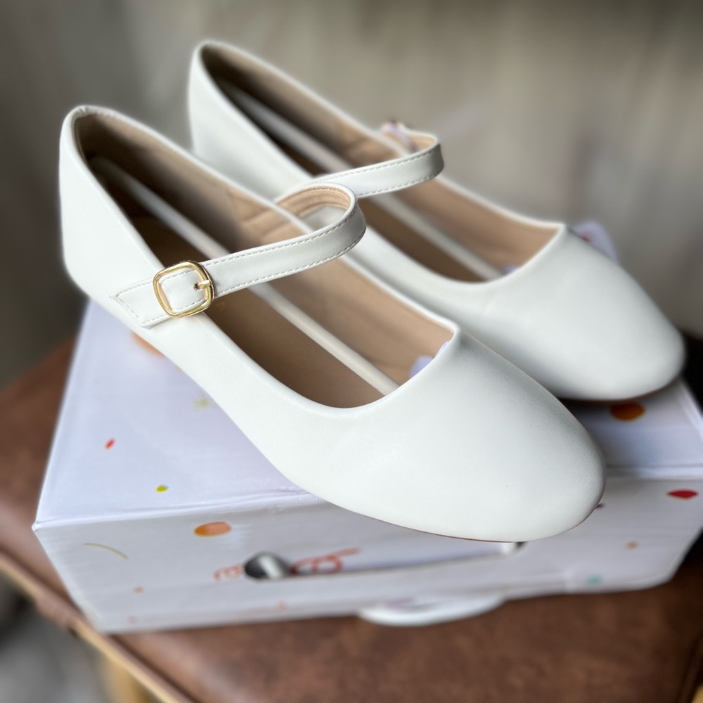 White Mary Jane Heels with Gold Buckle